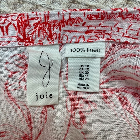 Joie Linen Blouse Coral Red Tropical Print Boatneck Short Sleeve Top Size 1X - Picture 11 of 12
